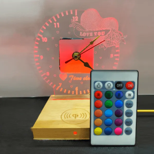 Φωτιστικό επιτραπέζιο 3D Love You με ρολόι και τηλεχειριστήριο