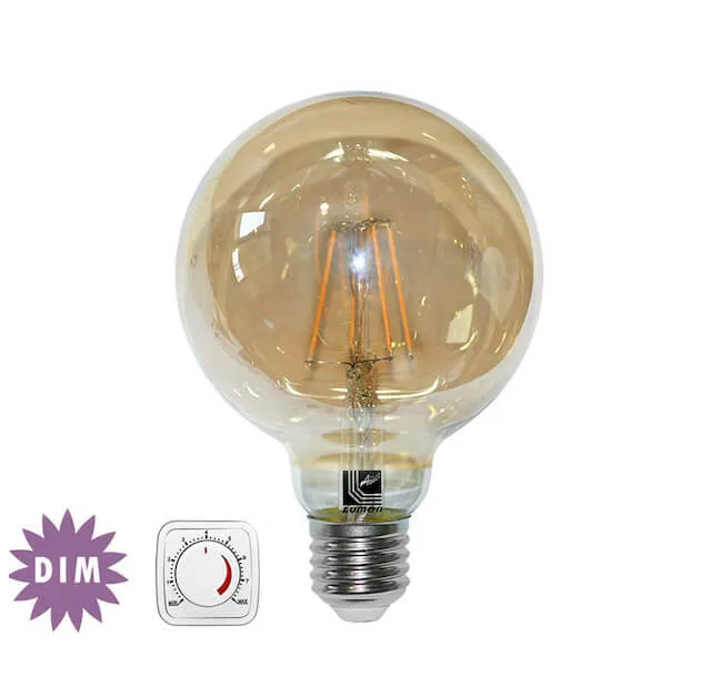 Λάμπα Filament Globe Φ95 μελί γυαλί, 6W E27 dimmable